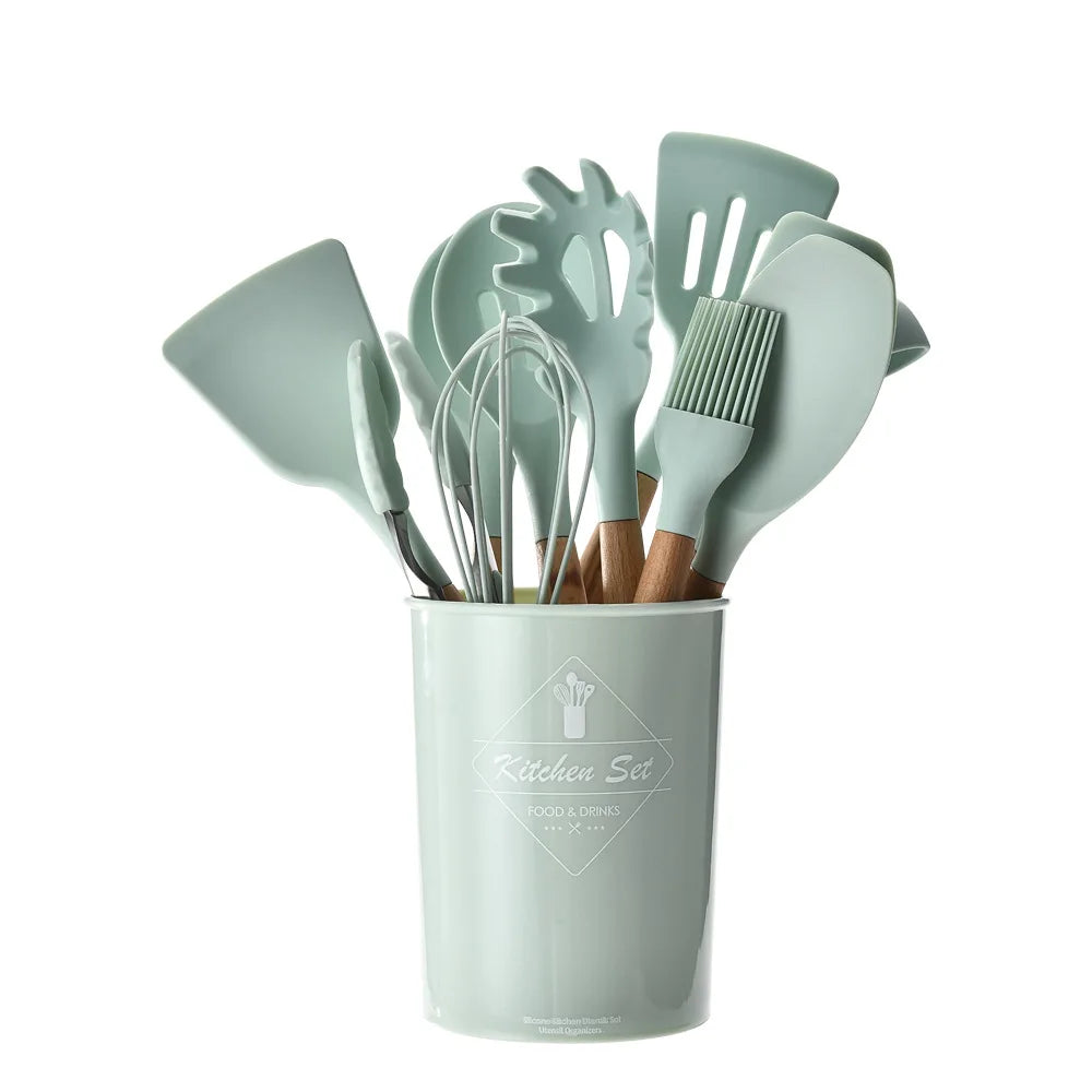 Premium Silicone Kitchen Utensil Set with Wooden Handles – Heat Resistant Cooking Tools