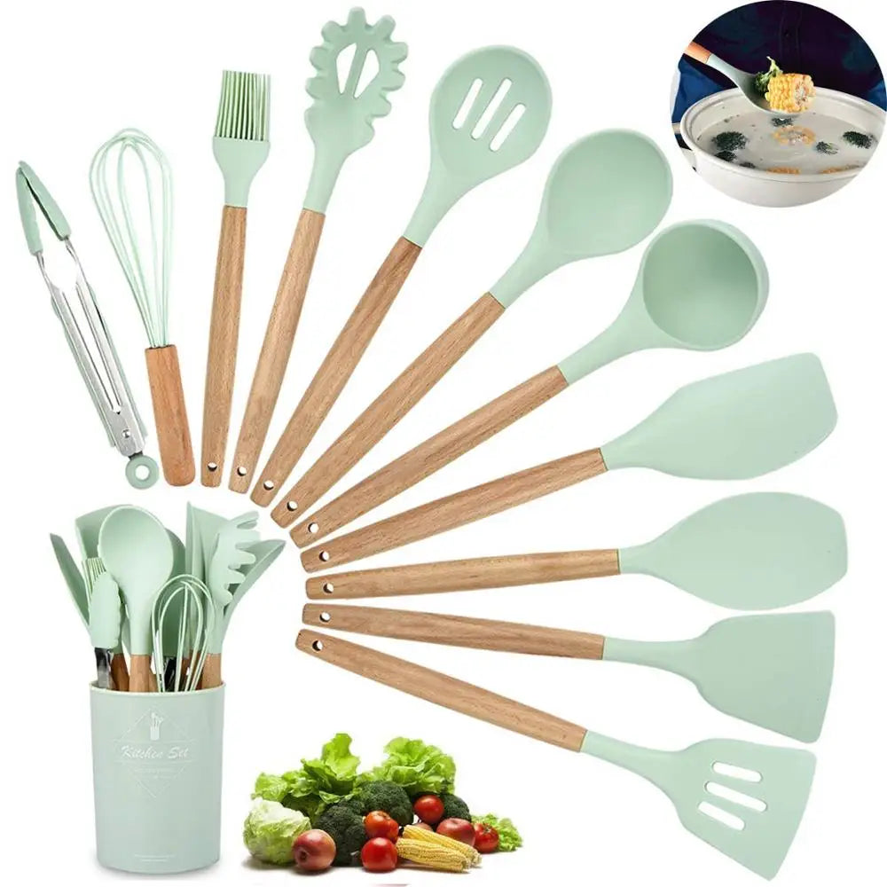 Premium Silicone Kitchen Utensil Set with Wooden Handles – Heat Resistant Cooking Tools
