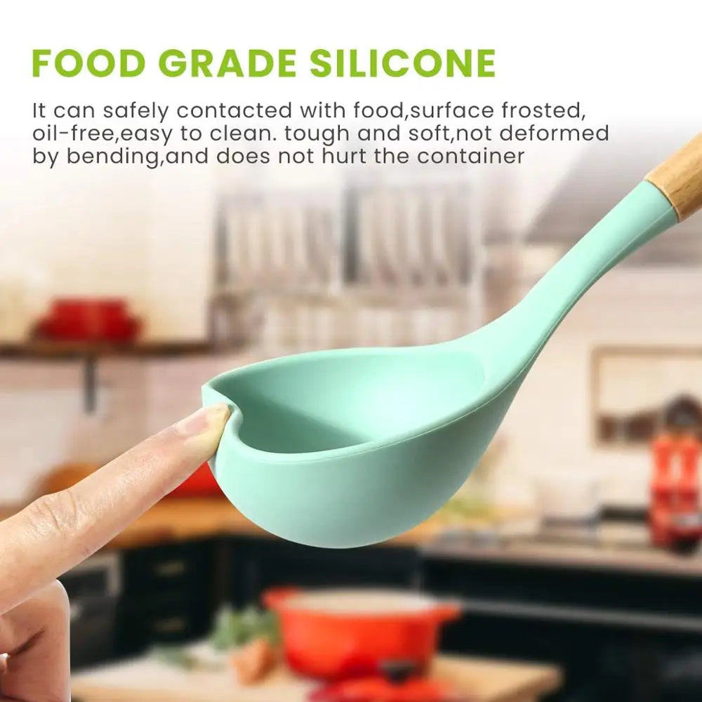 Premium Silicone Kitchen Utensil Set with Wooden Handles – Heat Resistant Cooking Tools
