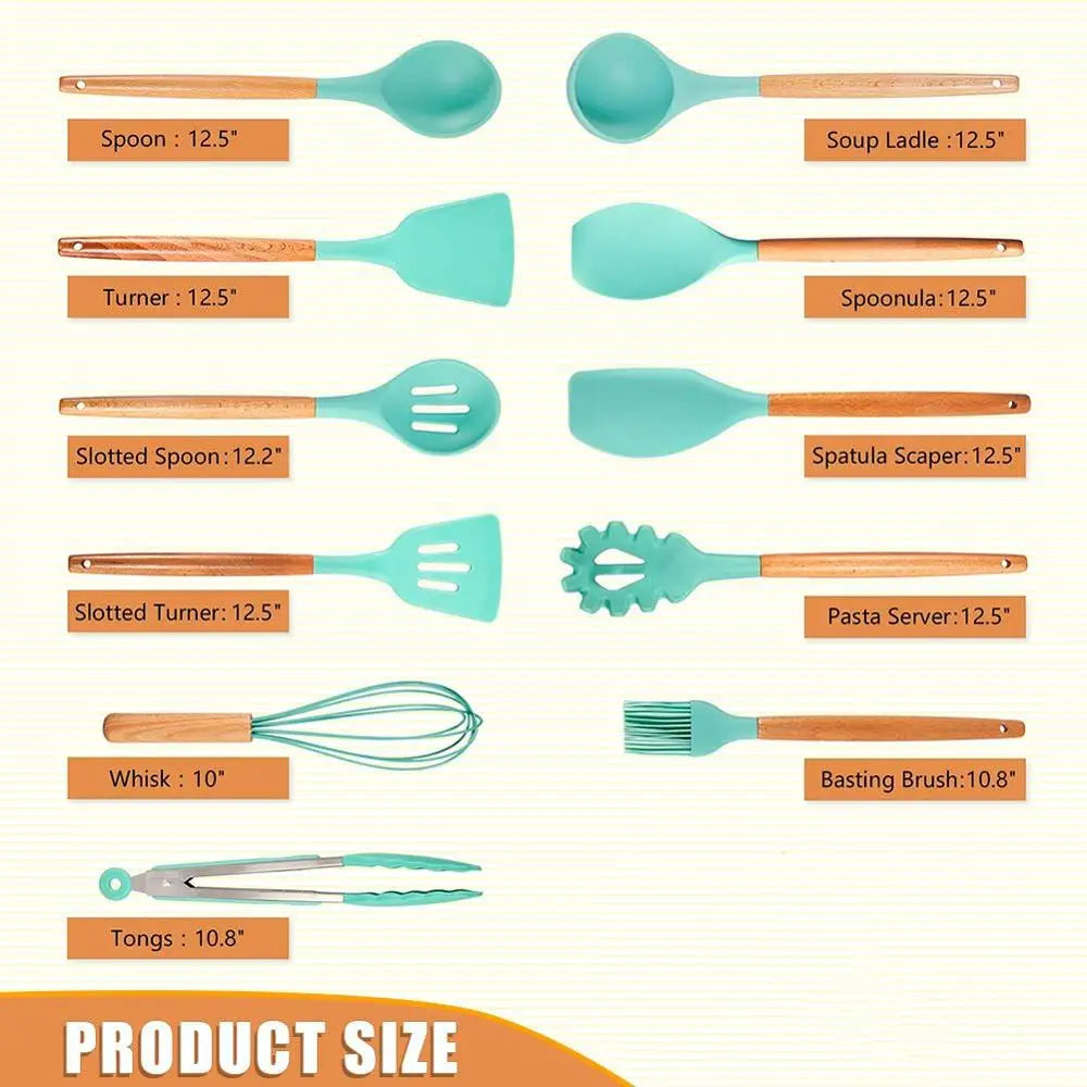 Premium Silicone Kitchen Utensil Set with Wooden Handles – Heat Resistant Cooking Tools